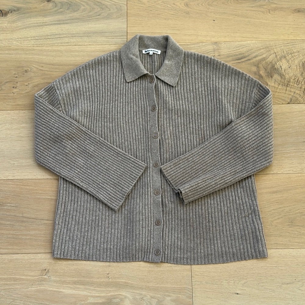 Reformation Gray Ribbed Cardigan Sweater